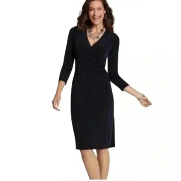 Chicos Travelers 2 Faux Wrap Dress Size Large Black Knit V-neck 3/4 Sleeves - Picture 2 of 11